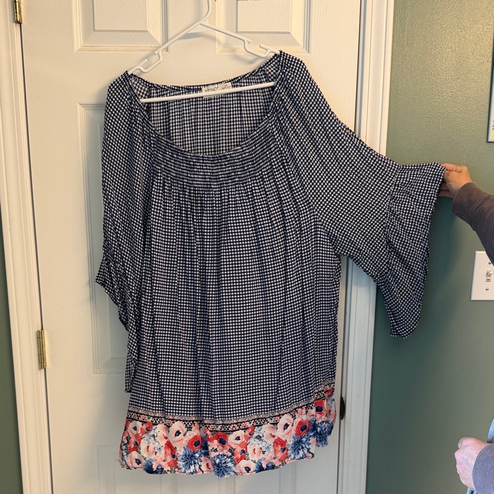Terra & Sky Navy Gingham Peasant Top with Floral Hem